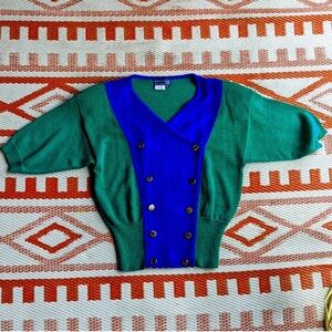 Kathryn Conover Sweater Top Puff Sleeves 80s Vintage Green Blue Women’s Size M